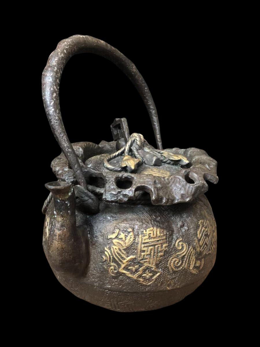 Rare Japanese Bronze Tetsubin Teapot — Treasure Sack Motif — Antique Tea Ceremony Kettle