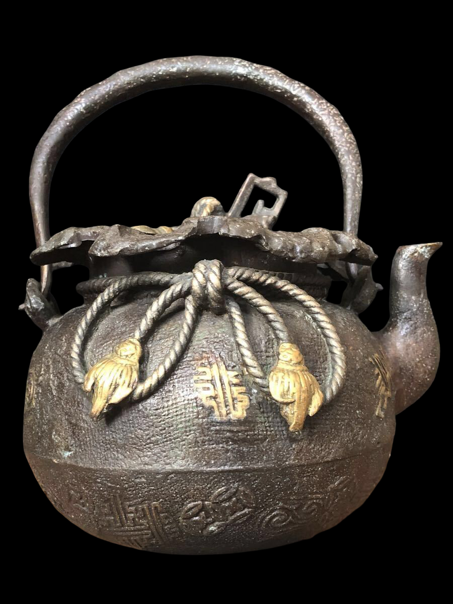 Rare Japanese Bronze Tetsubin Teapot — Treasure Sack Motif — Antique Tea Ceremony Kettle