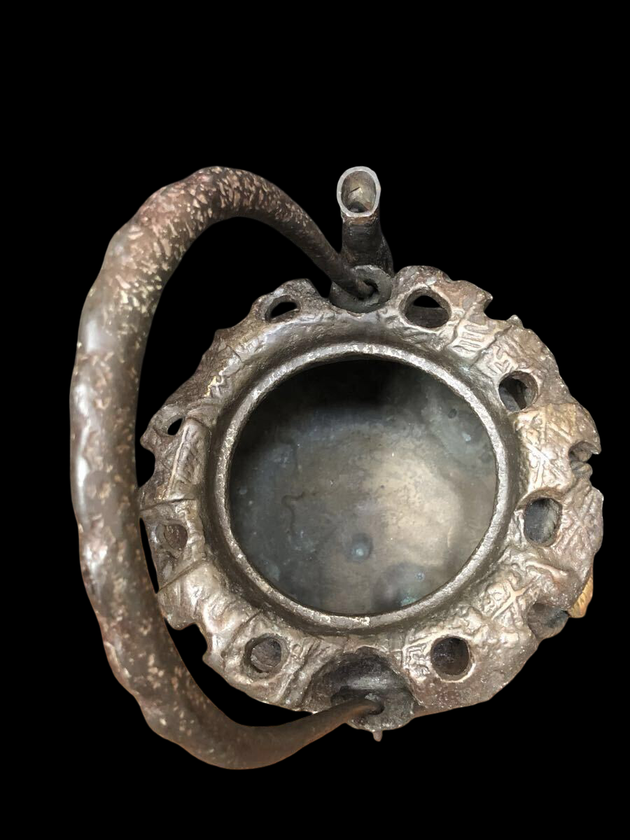 Rare Japanese Bronze Tetsubin Teapot — Treasure Sack Motif — Antique Tea Ceremony Kettle