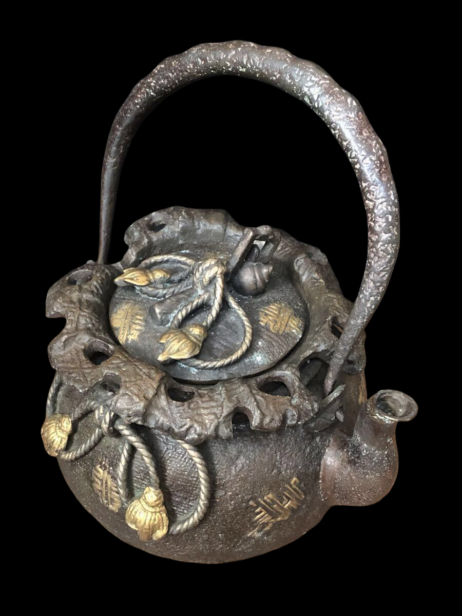Rare Japanese Bronze Tetsubin Teapot — Treasure Sack Motif — Antique Tea Ceremony Kettle