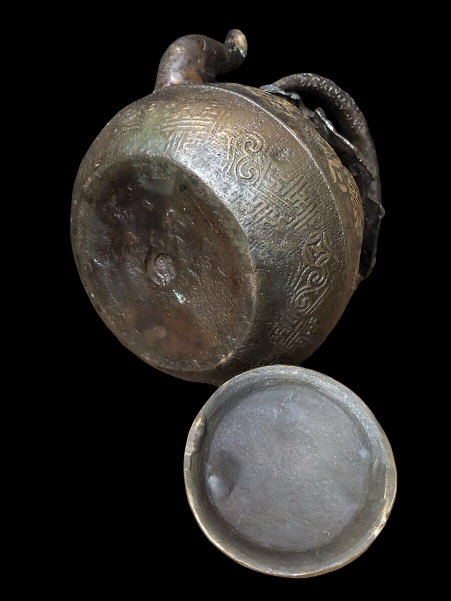 Rare Japanese Bronze Tetsubin Teapot — Treasure Sack Motif — Antique Tea Ceremony Kettle