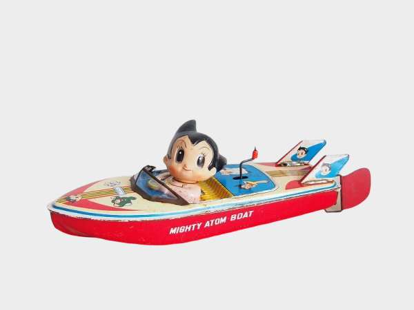 Showa-Era Japanese Tin “Mighty Atom Boat” with Astro Boy, Large Mechanical Wind-Up Character Vehicle (ATD)