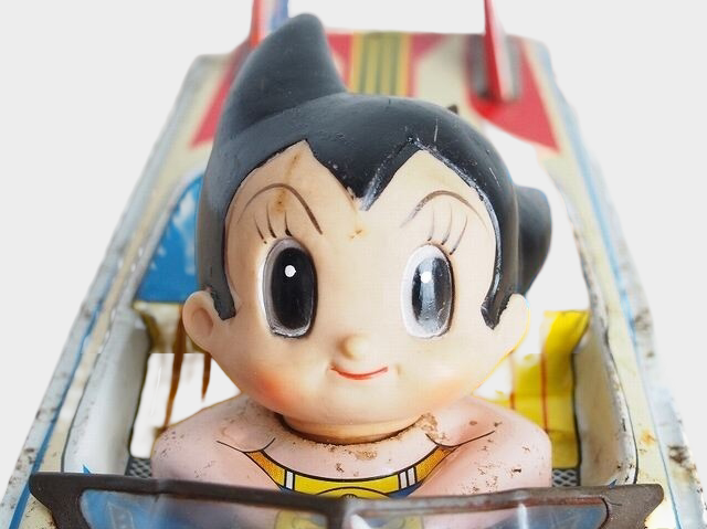 Showa-Era Japanese Tin “Mighty Atom Boat” with Astro Boy, Large Mechanical Wind-Up Character Vehicle (ATD)