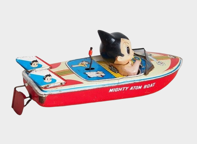 Showa-Era Japanese Tin “Mighty Atom Boat” with Astro Boy, Large Mechanical Wind-Up Character Vehicle (ATD)