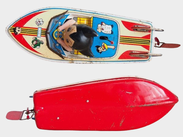 Showa-Era Japanese Tin “Mighty Atom Boat” with Astro Boy, Large Mechanical Wind-Up Character Vehicle (ATD)