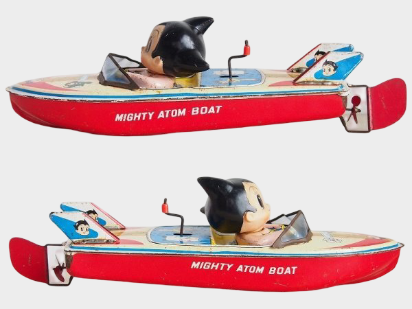 Showa-Era Japanese Tin “Mighty Atom Boat” with Astro Boy, Large Mechanical Wind-Up Character Vehicle (ATD)