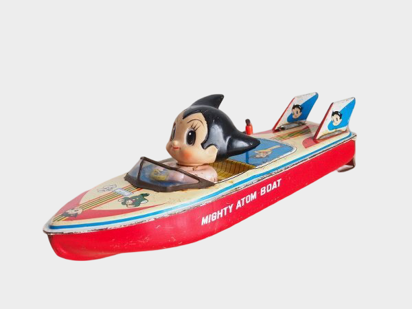 Showa-Era Japanese Tin “Mighty Atom Boat” with Astro Boy, Large Mechanical Wind-Up Character Vehicle (ATD)