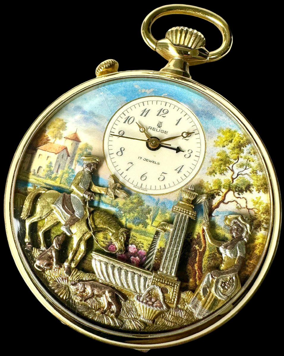REUGE Vintage Automaton Pocket Watch 6868 – Hand-Wound – Multicolor Relief Art Case 58mm – Collector Decorative Timepiece GP