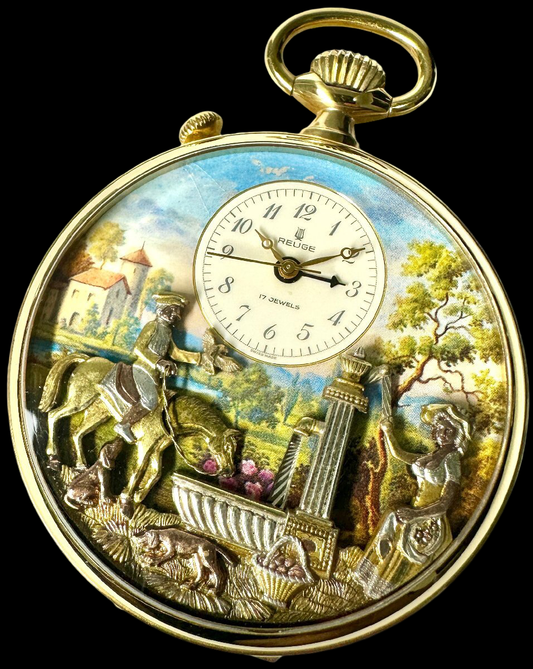 REUGE Vintage Automaton Pocket Watch 6868 – Hand-Wound – Multicolor Relief Art Case 58mm – Collector Decorative Timepiece GP