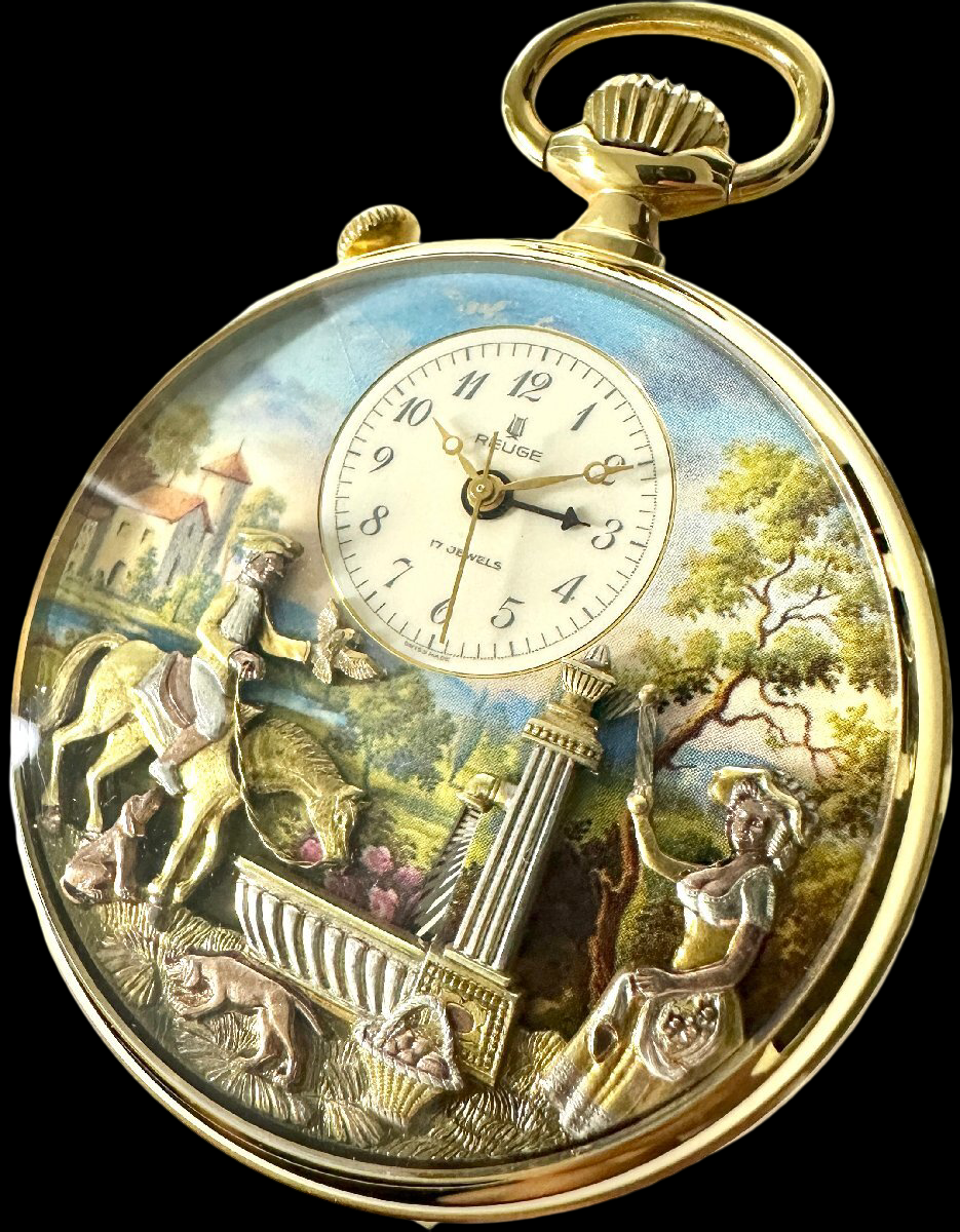 REUGE Vintage Automaton Pocket Watch 6868 – Hand-Wound – Multicolor Relief Art Case 58mm – Collector Decorative Timepiece GP