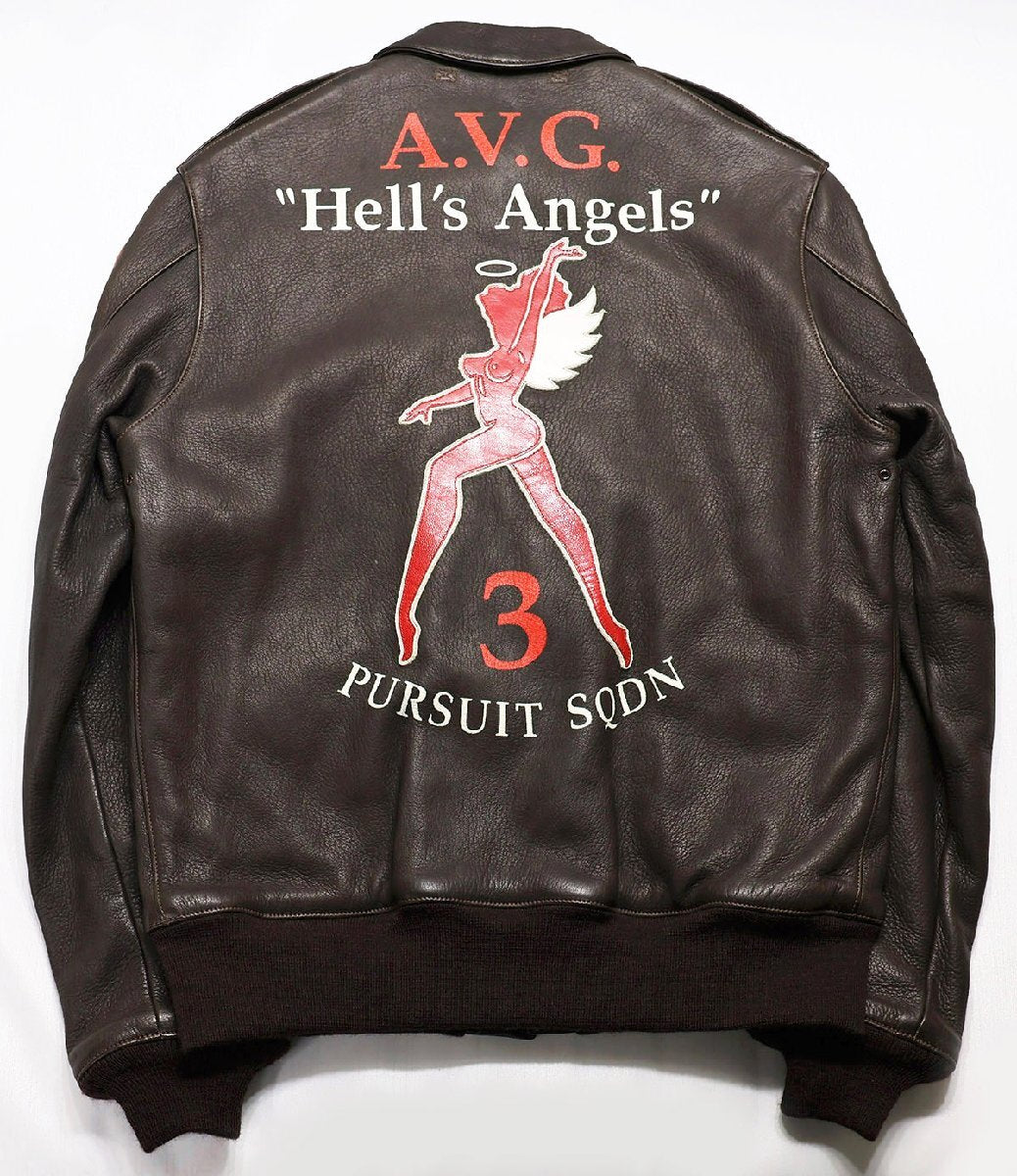 Real McCoy A2 Jacket Deer Skin Hell’s Angels AVG Custom Leather Flight Jacket Size 44 Seal Brown Rare