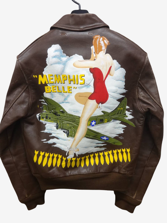 Real McCoy A2 Memphis Belle Jacket WWII Hand Painted B17 Nose Art Flight Jacket Size M