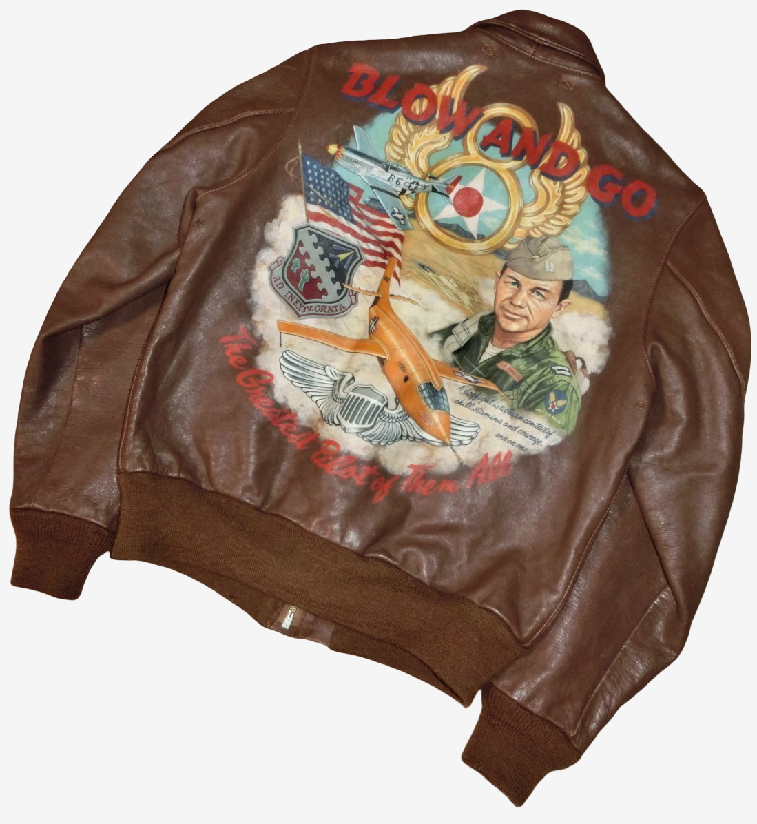 Real McCoy’s A-2 BLOW AND GO Horsehide Flight Jacket Monarch Contract Bugs Bunny Nose Art Yeager Size 36