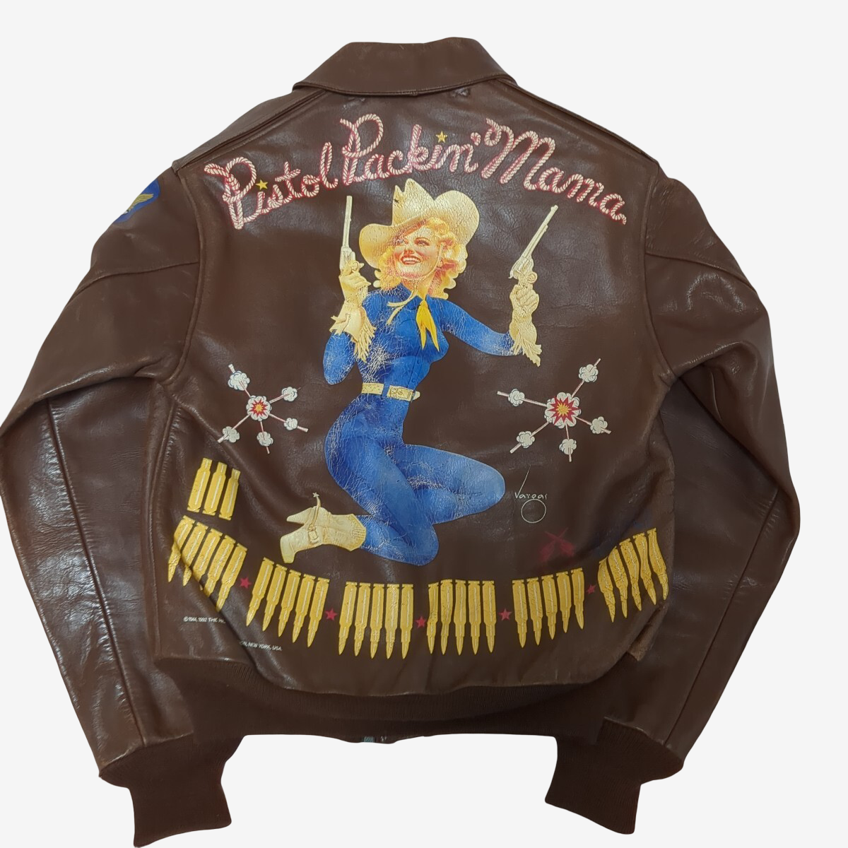 Real McCoy’s A-2 Flight Jacket Size 36 “Pistol Packin’ Mama” Pin-Up Vargas Nose Art Horsehide WWII Bomber