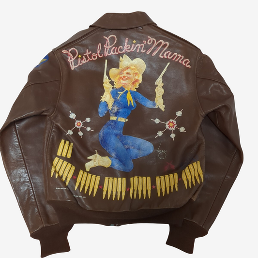 Real McCoy’s A-2 Flight Jacket Size 36 “Pistol Packin’ Mama” Pin-Up Vargas Nose Art Horsehide WWII Bomber