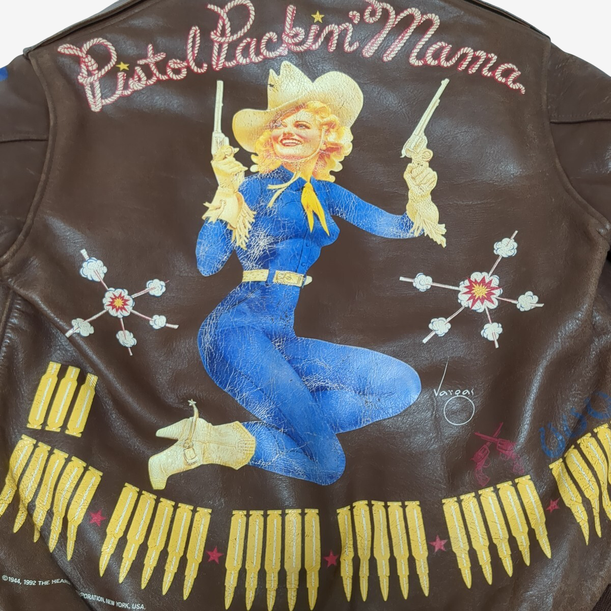 Real McCoy’s A-2 Flight Jacket Size 36 “Pistol Packin’ Mama” Pin-Up Vargas Nose Art Horsehide WWII Bomber