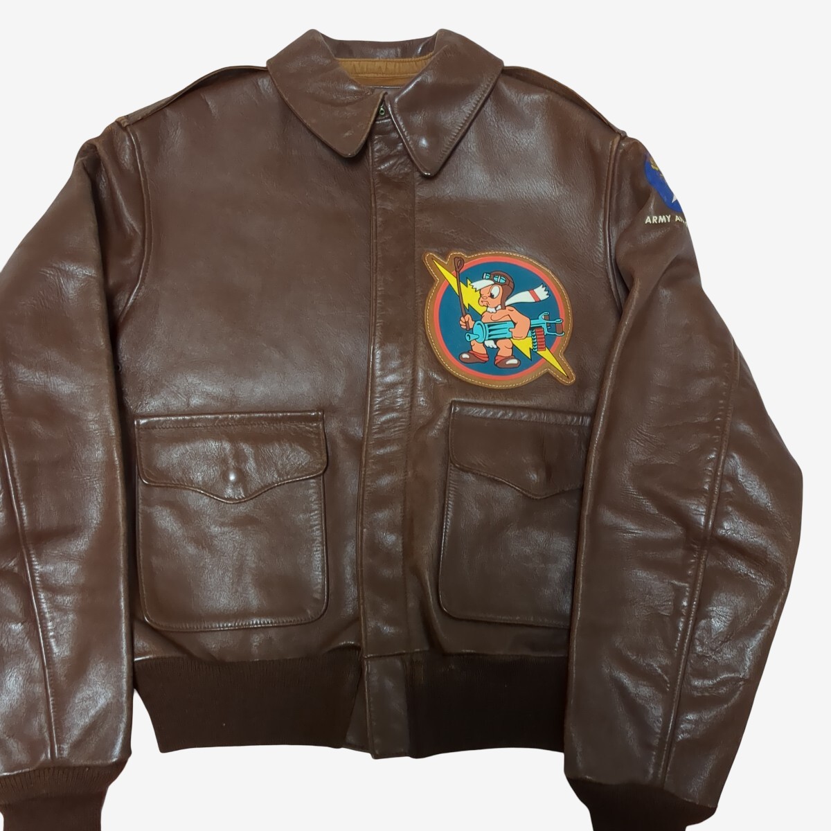 Real McCoy’s A-2 Flight Jacket Size 36 “Pistol Packin’ Mama” Pin-Up Vargas Nose Art Horsehide WWII Bomber
