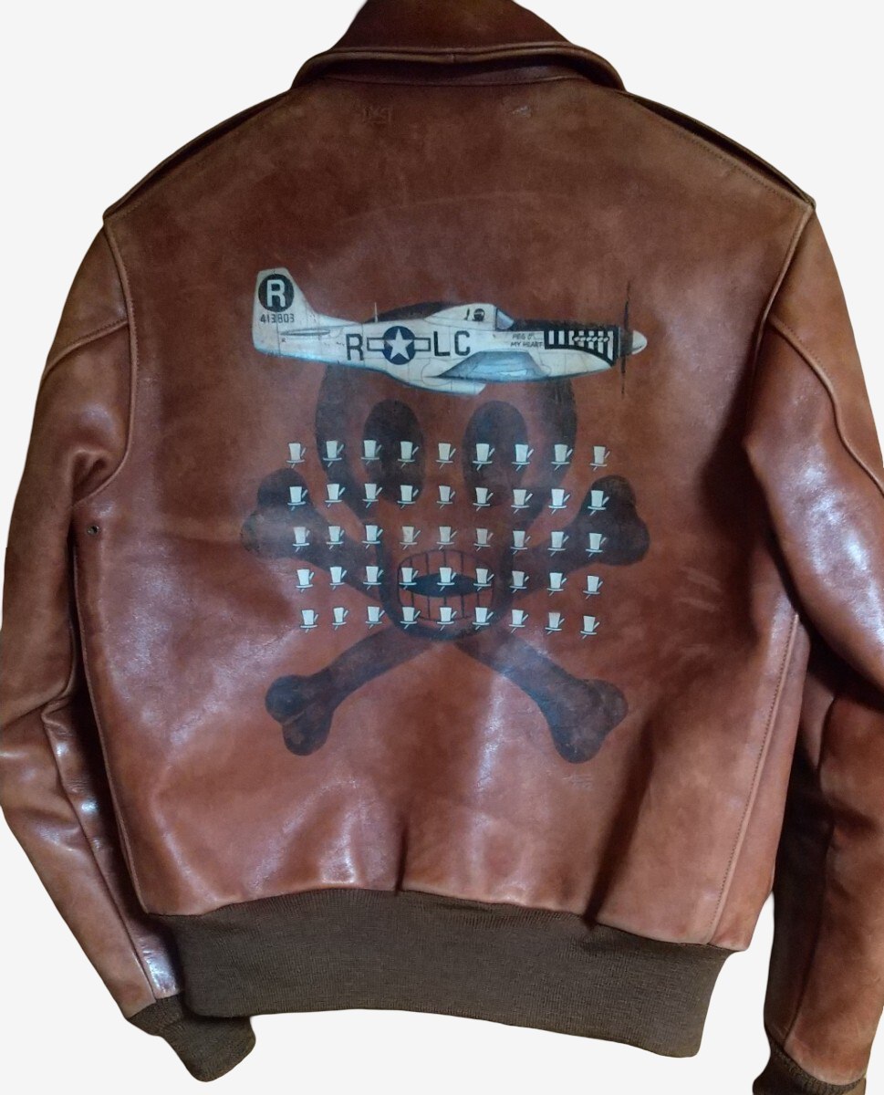 Real McCoy’s A-2 Horsehide Flight Jacket PEG O’My Heart P-51 Nose Art Hand Painted 8th Air Force