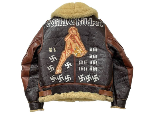 Real McCoy’s B-3 Wild Children Rough Wear Shearling Flight Jacket Painted Nose Art WWII Style 34
