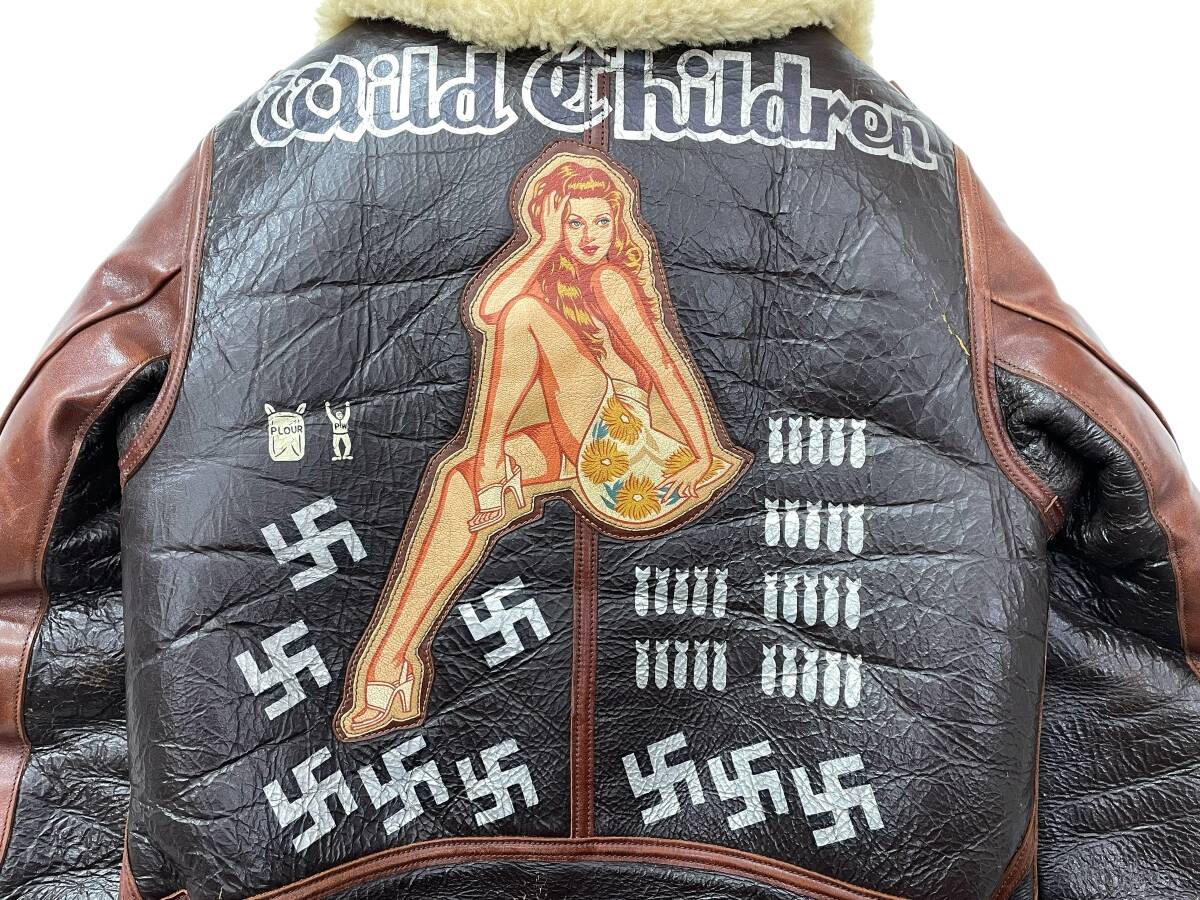 Real McCoy’s B-3 Wild Children Rough Wear Shearling Flight Jacket Painted Nose Art WWII Style 34
