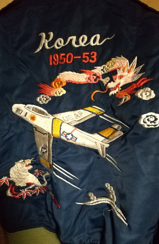 Real McCoy’s L-2A Korea 1950-53 Embroidered Bomber Jacket Dragon Jet USAF Vintage Style Distressed Flight Jacket