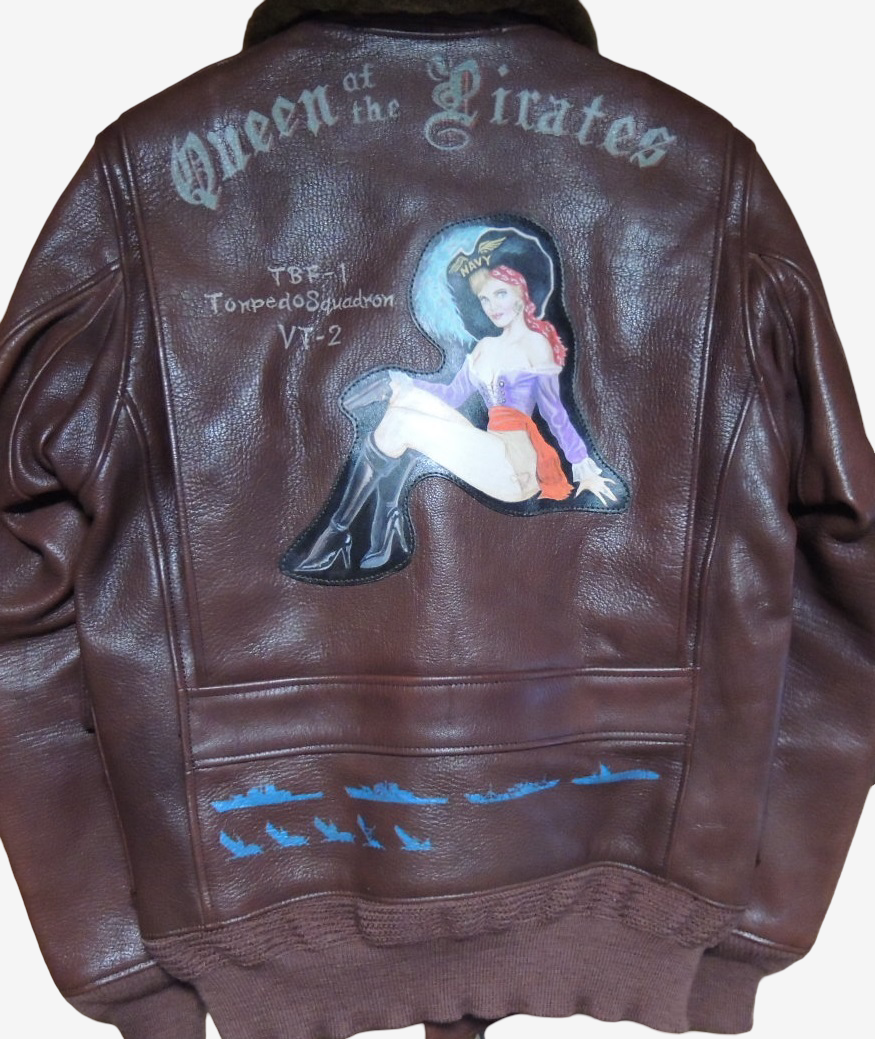 Real McCoy’s M-422A Flight Jacket Goat Skin “Queen of the Pirates” Hand Painted VT-2 US Navy One-Off Rare Size 36