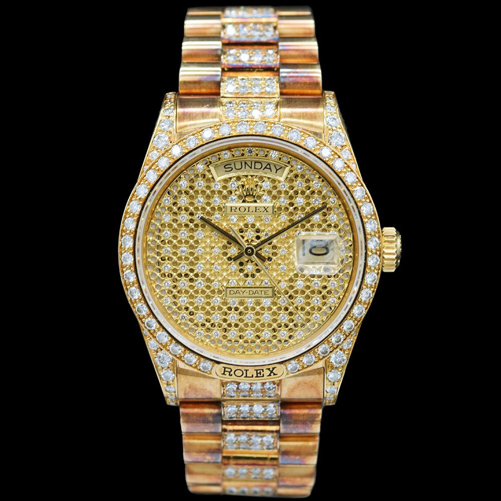 Rolex Day-Date 36 Ref.18138 – Factory Diamond Pave Dial, Diamond Bezel & Diamond President Bracelet – 18K Yellow Gold – 1991 E-Serial
