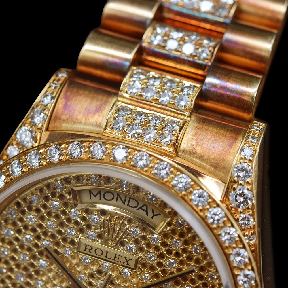 Rolex Day-Date 36 Ref.18138 – Factory Diamond Pave Dial, Diamond Bezel & Diamond President Bracelet – 18K Yellow Gold – 1991 E-Serial