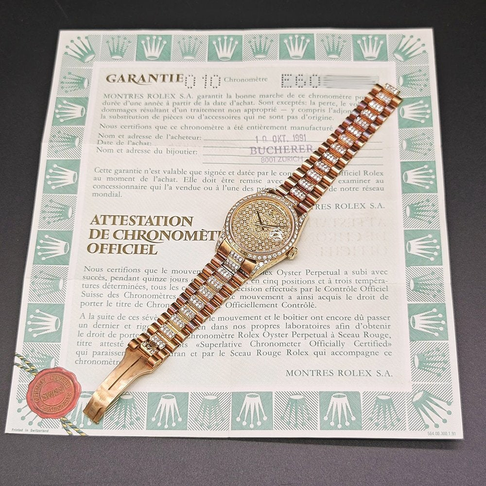 Rolex Day-Date 36 Ref.18138 – Factory Diamond Pave Dial, Diamond Bezel & Diamond President Bracelet – 18K Yellow Gold – 1991 E-Serial