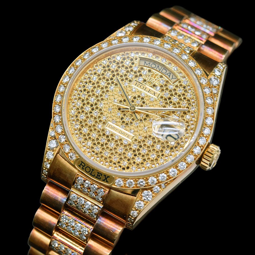 Rolex Day-Date 36 Ref.18138 – Factory Diamond Pave Dial, Diamond Bezel & Diamond President Bracelet – 18K Yellow Gold – 1991 E-Serial