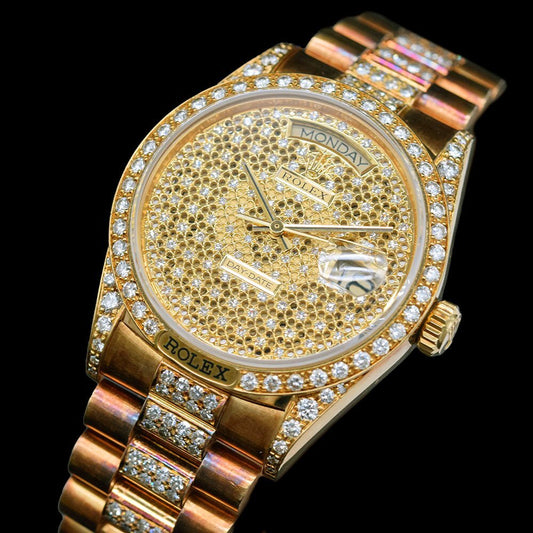 Rolex Day-Date 36 Ref.18138 – Factory Diamond Pave Dial, Diamond Bezel & Diamond President Bracelet – 18K Yellow Gold – 1991 E-Serial