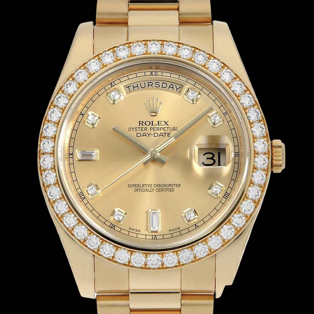 Rolex Day-Date 218348A 18K Yellow Gold Champagne Dial 8P Diamond 2P Baguette Bezel Luxury President Watch