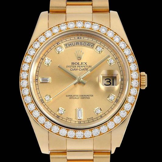Rolex Day-Date 218348A 18K Yellow Gold Champagne Dial 8P Diamond 2P Baguette Bezel Luxury President Watch