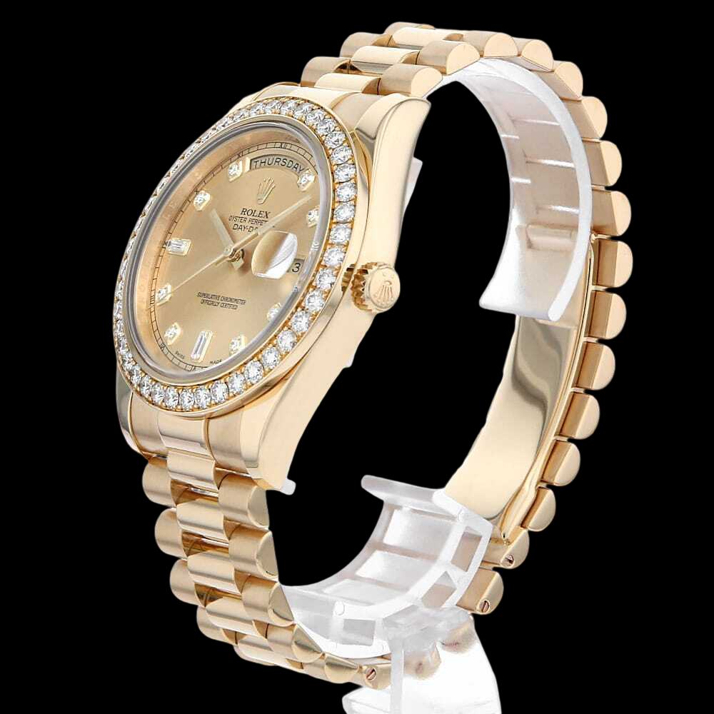 Rolex Day-Date 218348A 18K Yellow Gold Champagne Dial 8P Diamond 2P Baguette Bezel Luxury President Watch