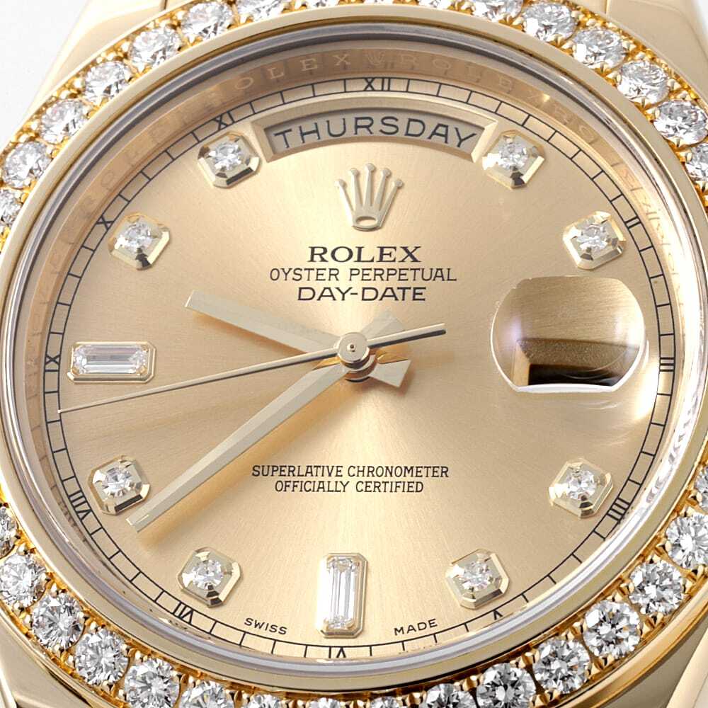 Rolex Day-Date 218348A 18K Yellow Gold Champagne Dial 8P Diamond 2P Baguette Bezel Luxury President Watch