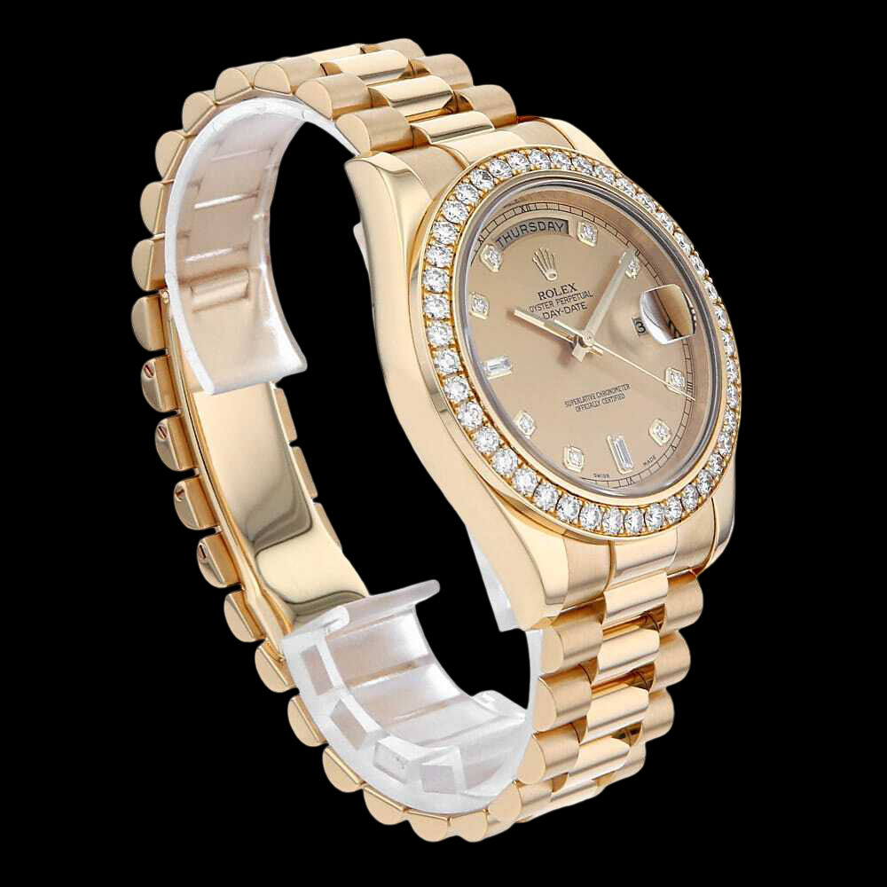 Rolex Day-Date 218348A 18K Yellow Gold Champagne Dial 8P Diamond 2P Baguette Bezel Luxury President Watch