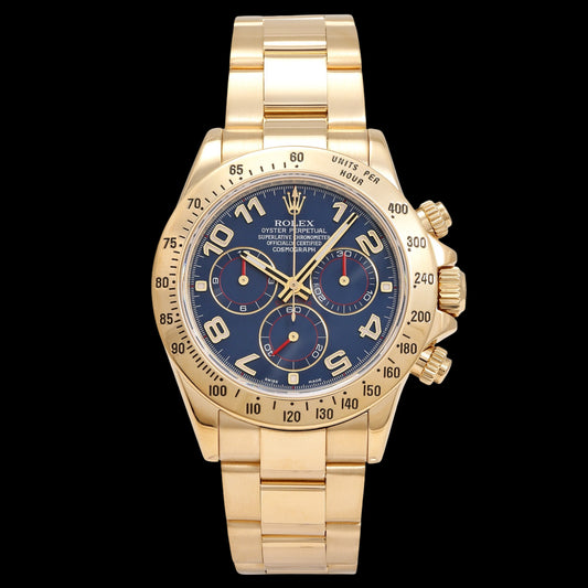 Rolex Daytona 116528 Blue Arabic Dial · 18K Yellow Gold Chronograph · Factory Original Arabic Numeral Dial · Premium Collector Grade