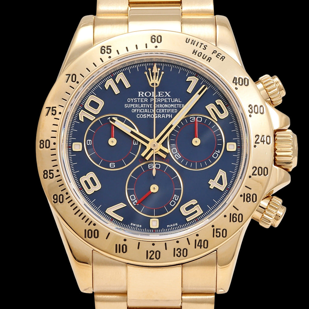 Rolex Daytona 116528 Blue Arabic Dial · 18K Yellow Gold Chronograph · Factory Original Arabic Numeral Dial · Premium Collector Grade