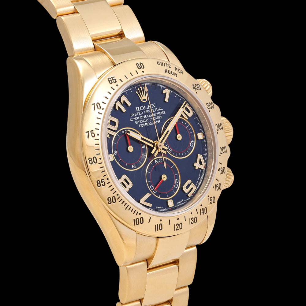 Rolex Daytona 116528 Blue Arabic Dial · 18K Yellow Gold Chronograph · Factory Original Arabic Numeral Dial · Premium Collector Grade