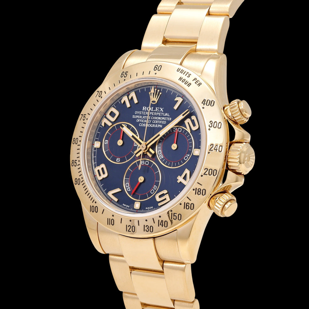 Rolex Daytona 116528 Blue Arabic Dial · 18K Yellow Gold Chronograph · Factory Original Arabic Numeral Dial · Premium Collector Grade