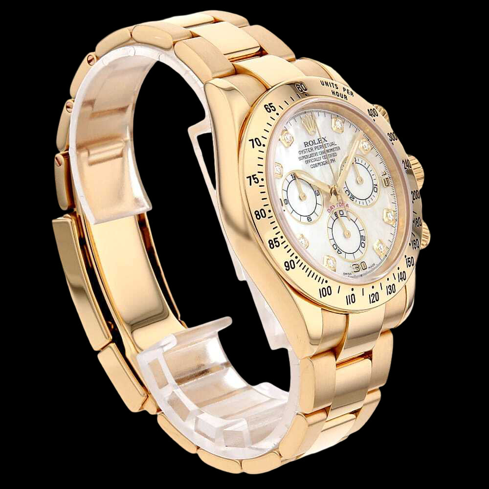 Rolex Daytona 116528NG 18K Yellow Gold • White Mother-of-Pearl 8P Diamond Dial • Full Set • Prestige Luxury Chronograph (Collector Grade)