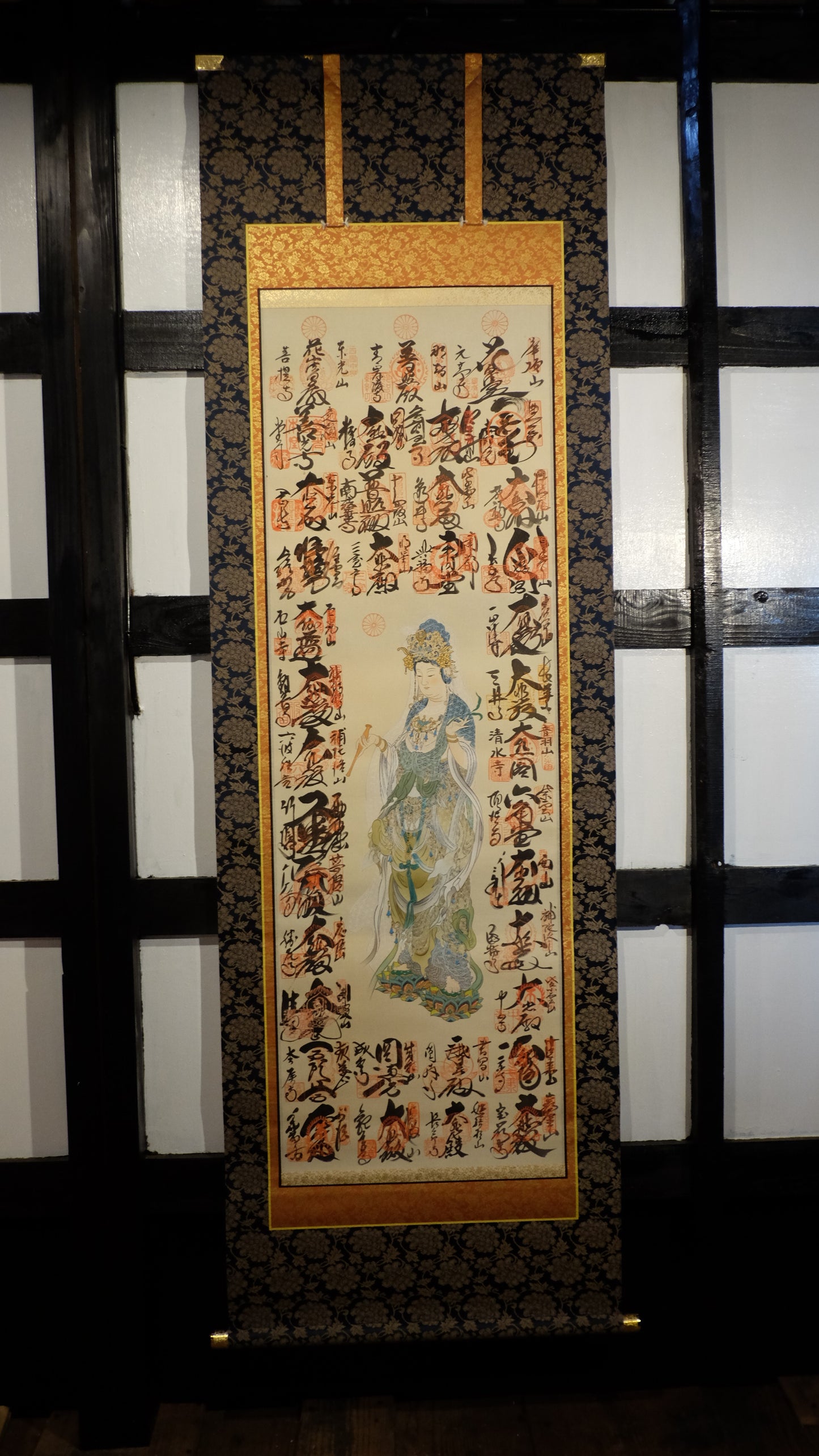 Kannon Goddess of Mercy Scroll with Japanese Temple Seals | Spiritual Buddhist Art | Sacred Calligraphy Hanging Scroll Japan
