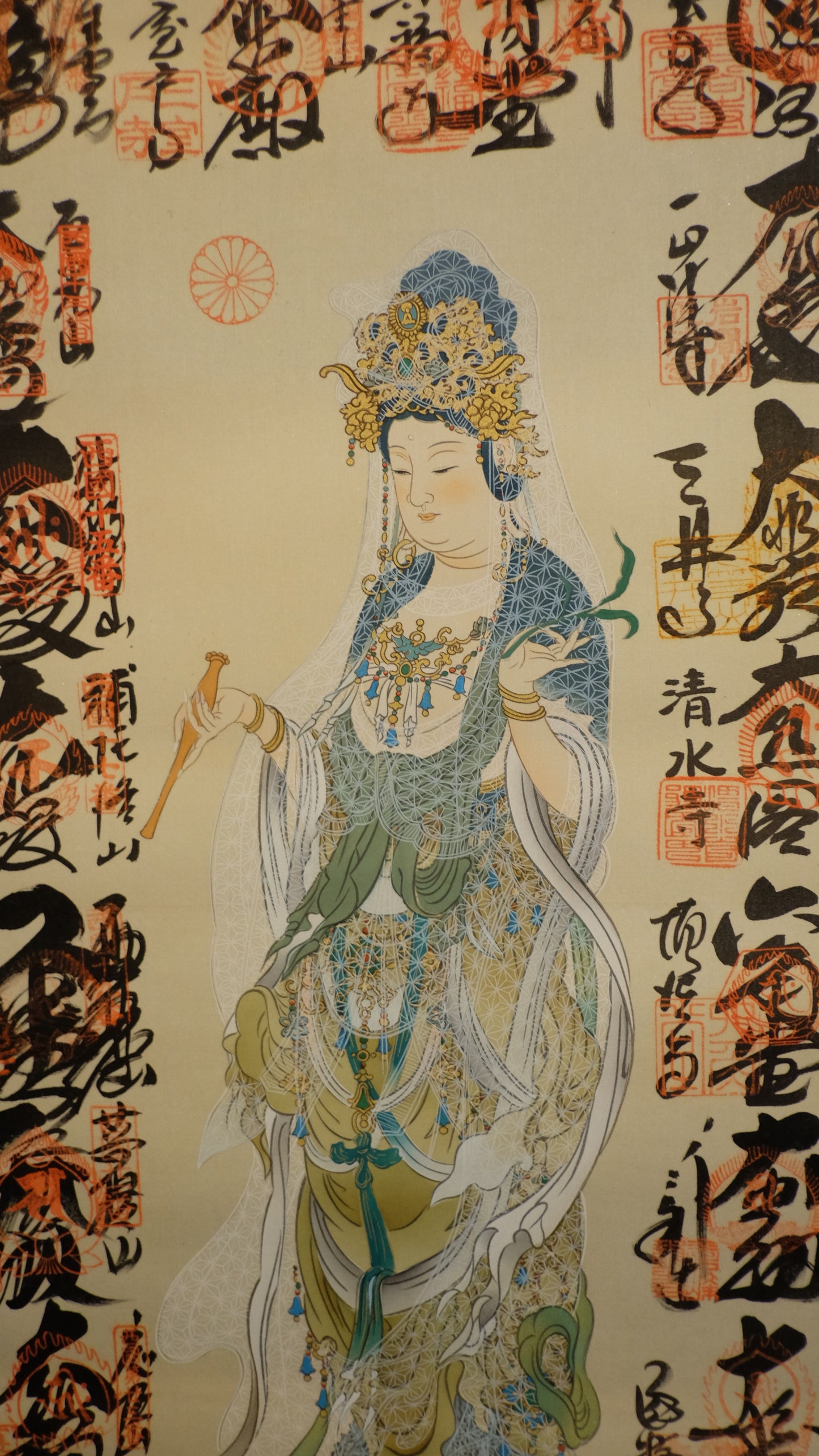 Kannon Goddess of Mercy Scroll with Japanese Temple Seals | Spiritual Buddhist Art | Sacred Calligraphy Hanging Scroll Japan