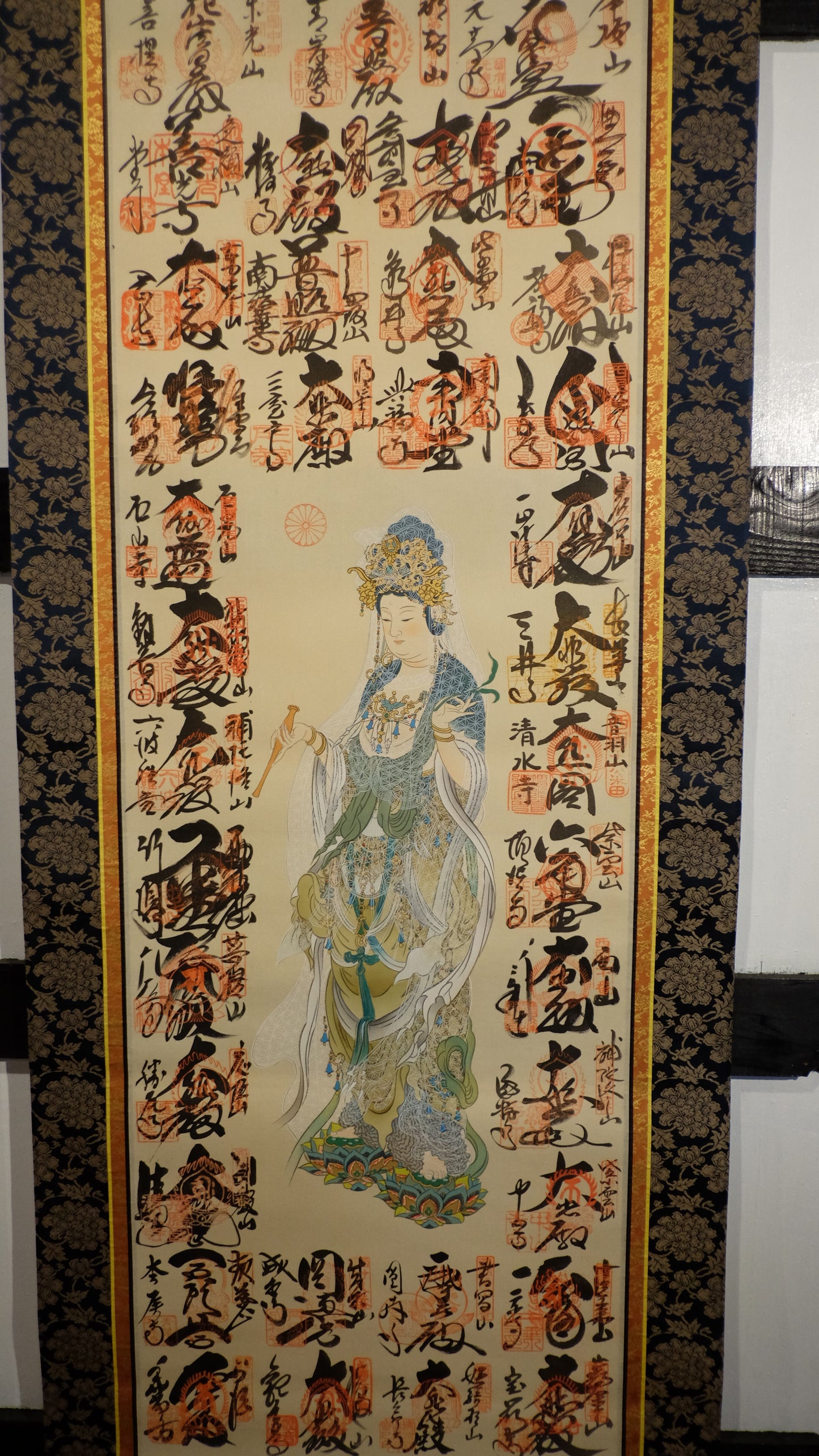 Kannon Goddess of Mercy Scroll with Japanese Temple Seals | Spiritual Buddhist Art | Sacred Calligraphy Hanging Scroll Japan