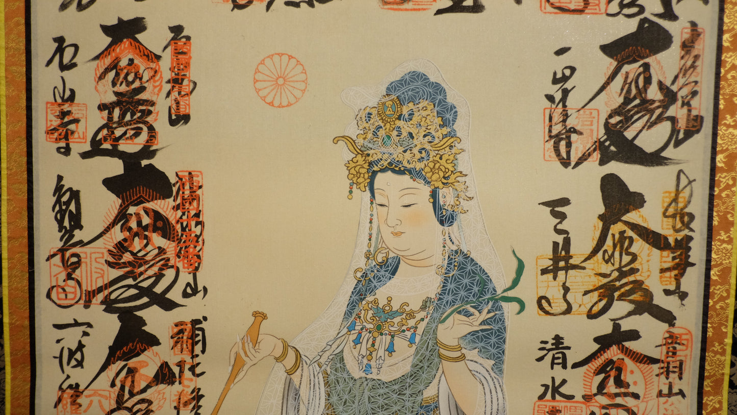 Kannon Goddess of Mercy Scroll with Japanese Temple Seals | Spiritual Buddhist Art | Sacred Calligraphy Hanging Scroll Japan