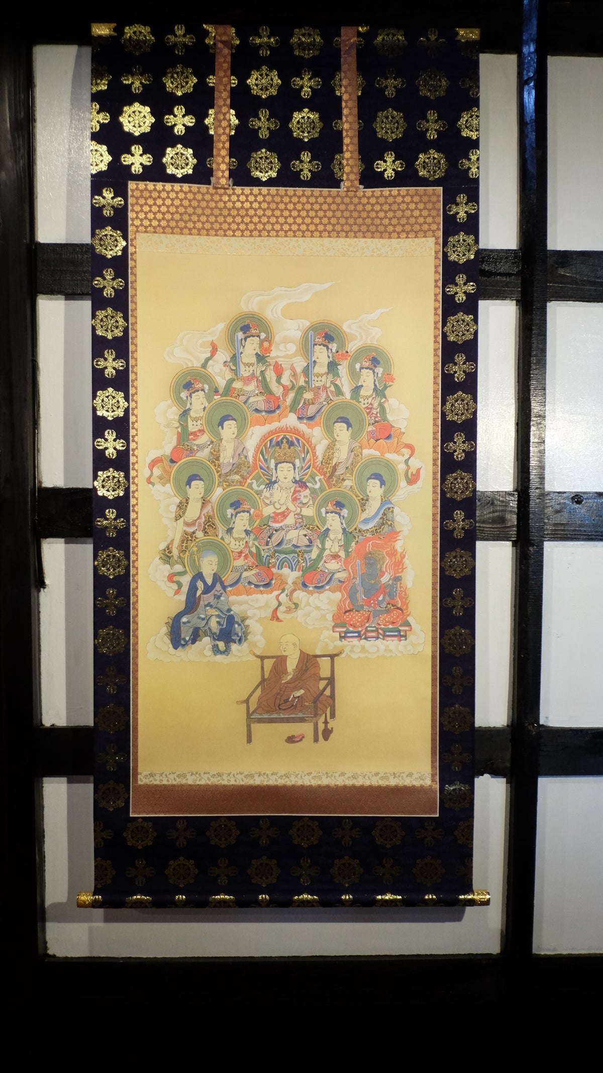 Vintage Japanese Buddhist Kakejiku Scroll, Buddha Bodhisattva Temple Art, Woodblock-Style Print, Zen Meditation Wall Decor