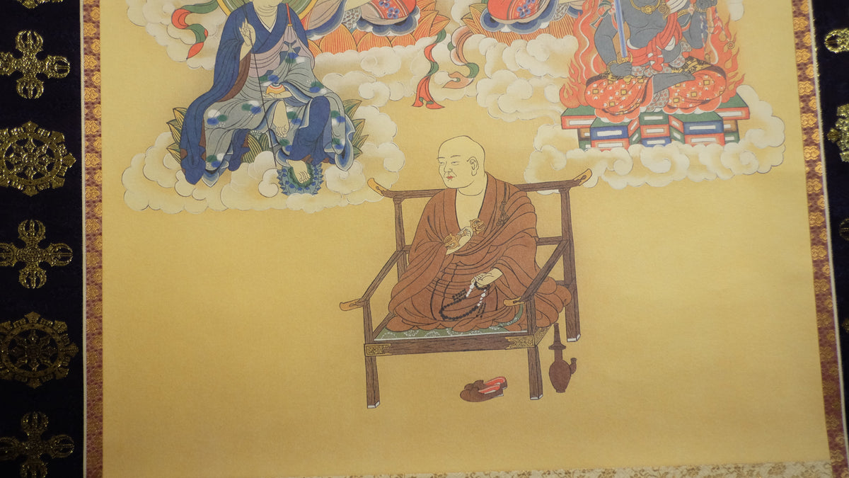 Vintage Japanese Buddhist Kakejiku Scroll, Buddha Bodhisattva Temple Art, Woodblock-Style Print, Zen Meditation Wall Decor