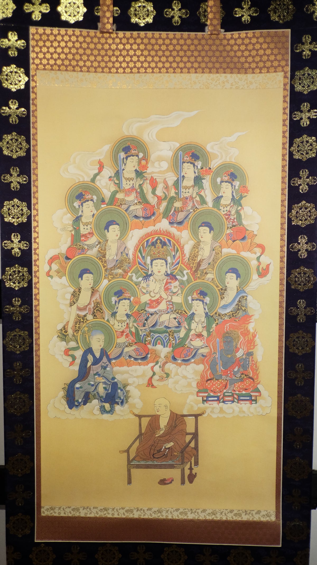 Vintage Japanese Buddhist Kakejiku Scroll, Buddha Bodhisattva Temple Art, Woodblock-Style Print, Zen Meditation Wall Decor