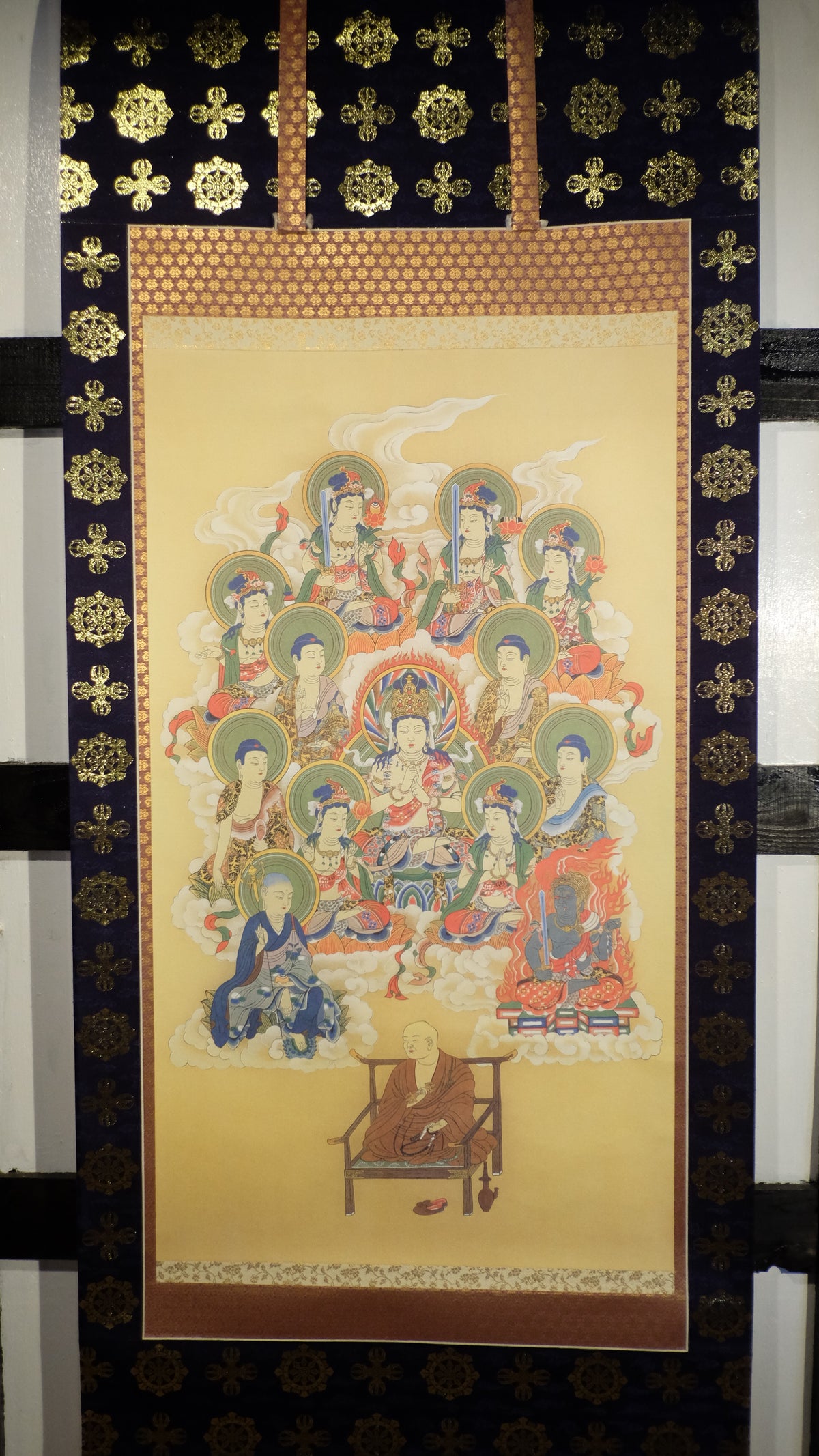 Vintage Japanese Buddhist Kakejiku Scroll, Buddha Bodhisattva Temple Art, Woodblock-Style Print, Zen Meditation Wall Decor