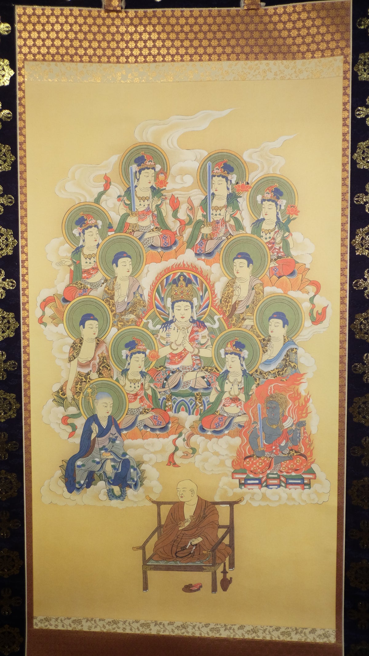 Vintage Japanese Buddhist Kakejiku Scroll, Buddha Bodhisattva Temple Art, Woodblock-Style Print, Zen Meditation Wall Decor